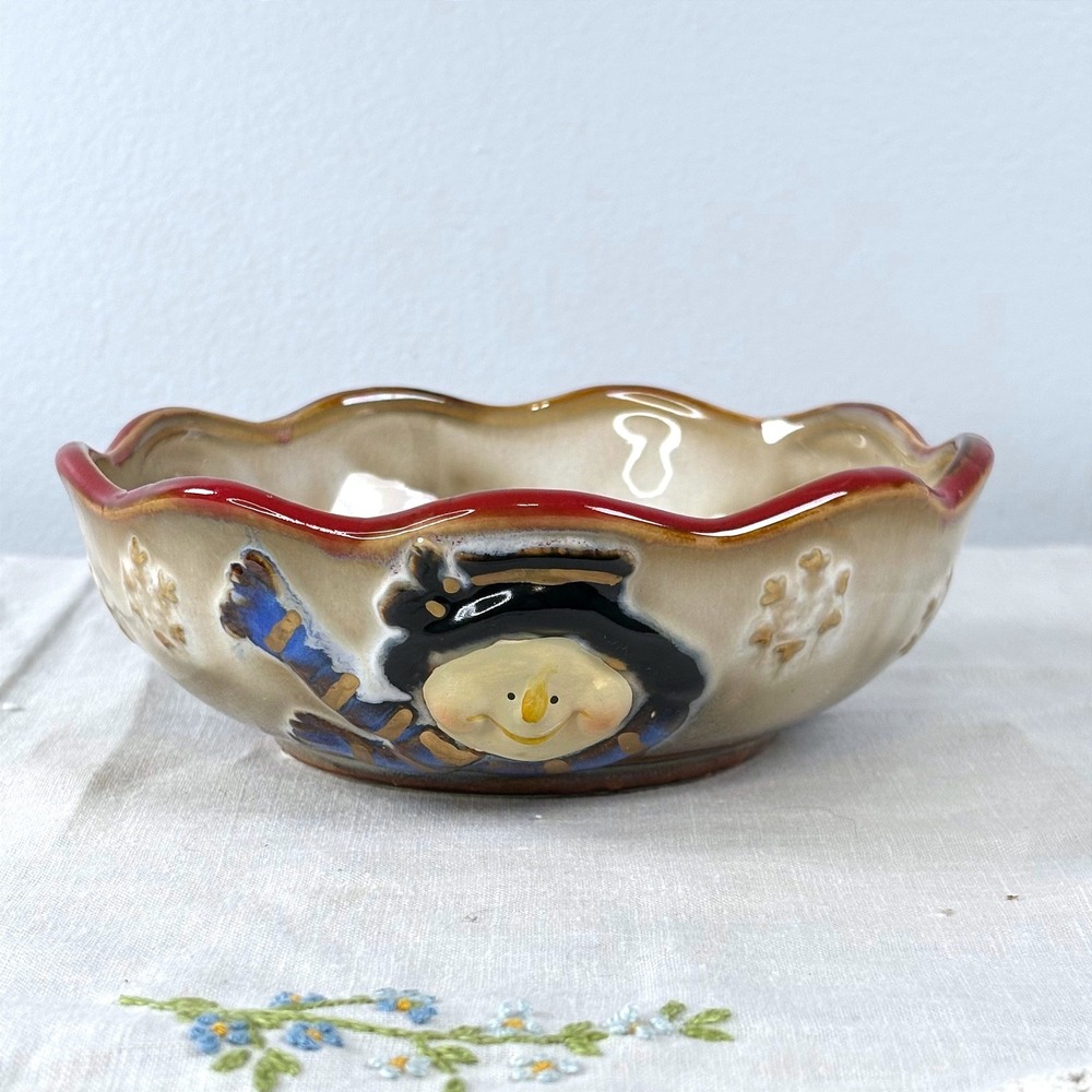 Ceramic Snowman Holiday Serving Bowl Scalloped Red Rim Winter Christmas Decor